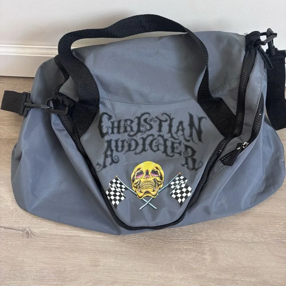 CHRISTIAN AUDIGIER / Ed Hardy Gray Duffle Bag Skull Racing Checkered Flag NWT